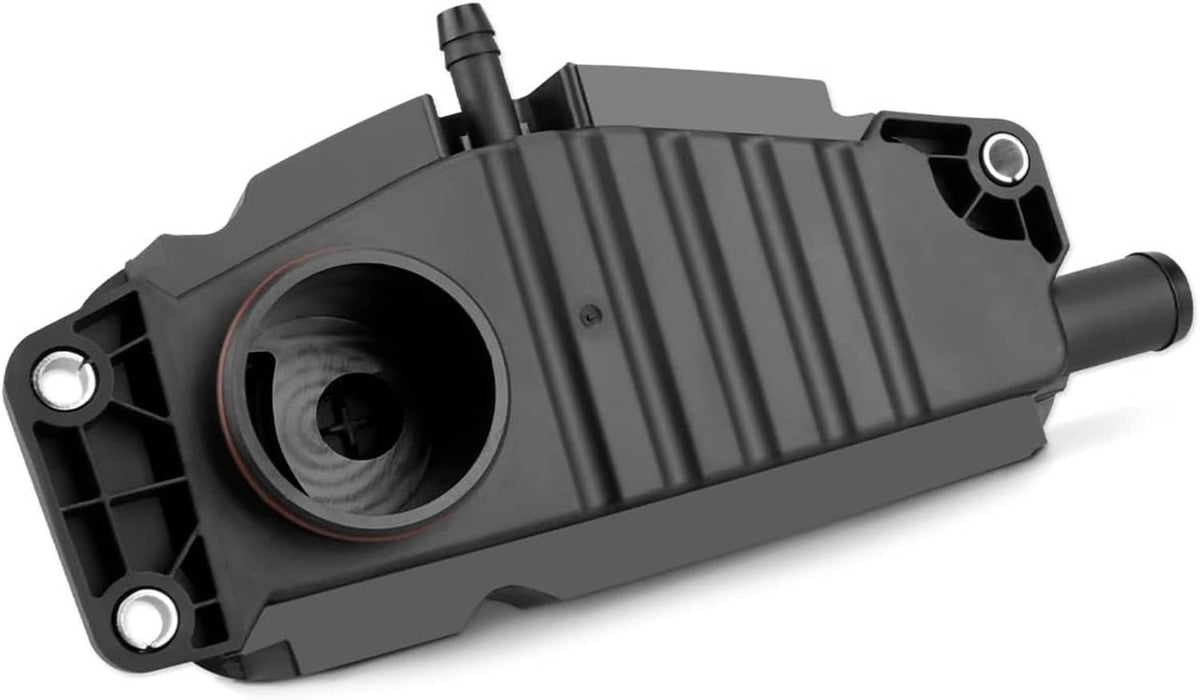 Black crankcase breather housing with round inlet and mounting tabs