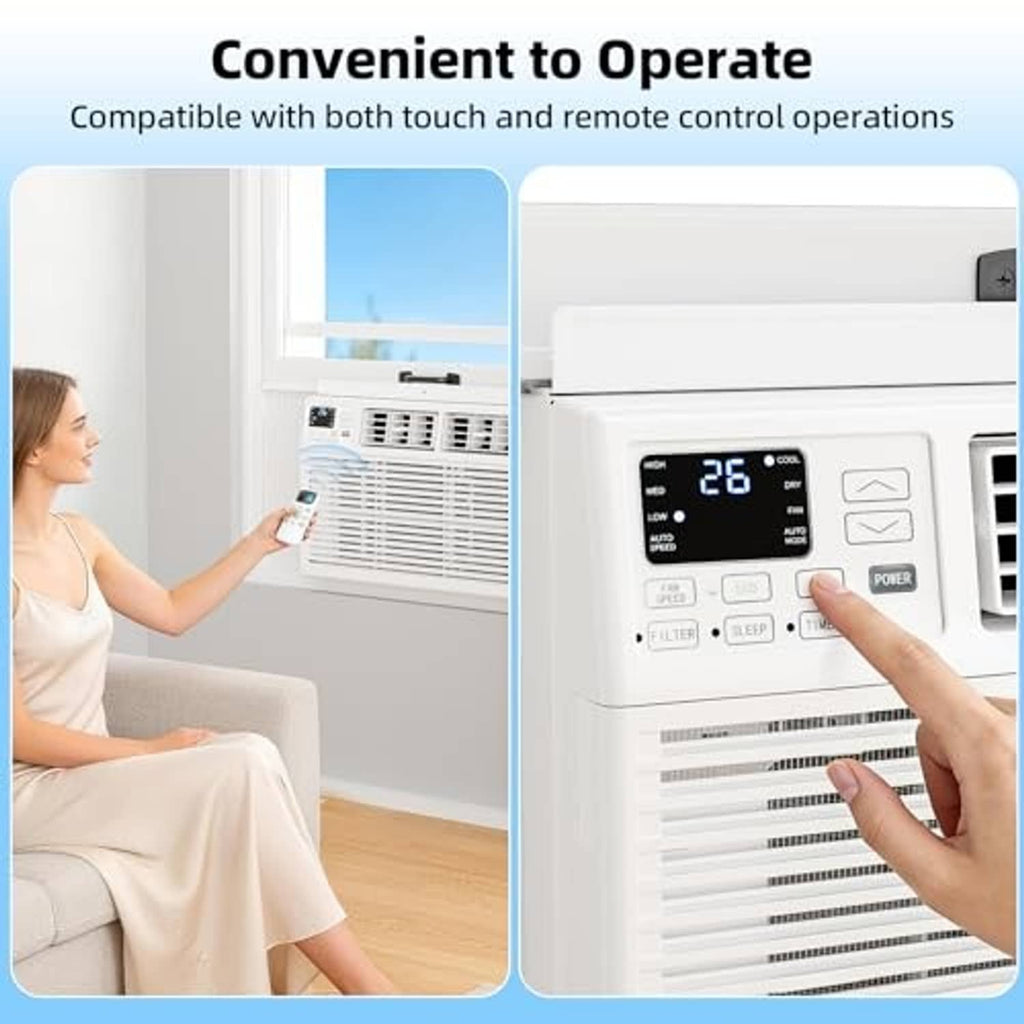White window air conditioner with illuminated control panel and remote control for operation.