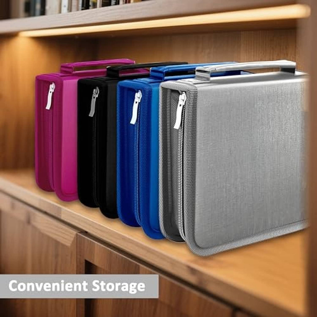 Magenta CD storage case on shelf with top handle and zipper closure