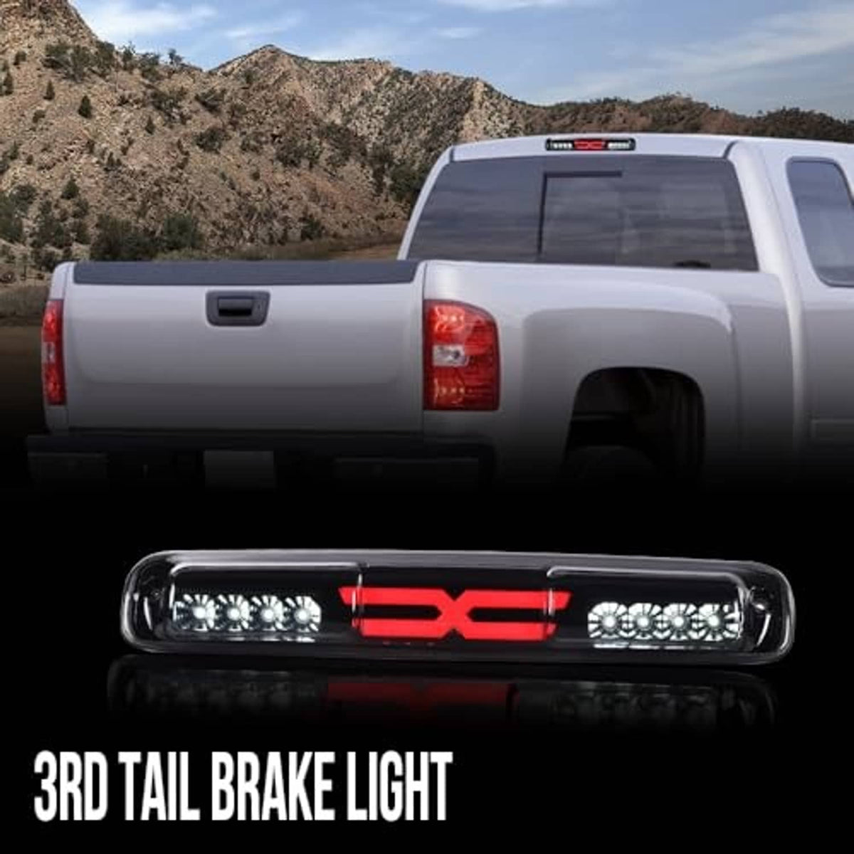 Third brake light in smoke housing, red LED X and side light rows shown on truck