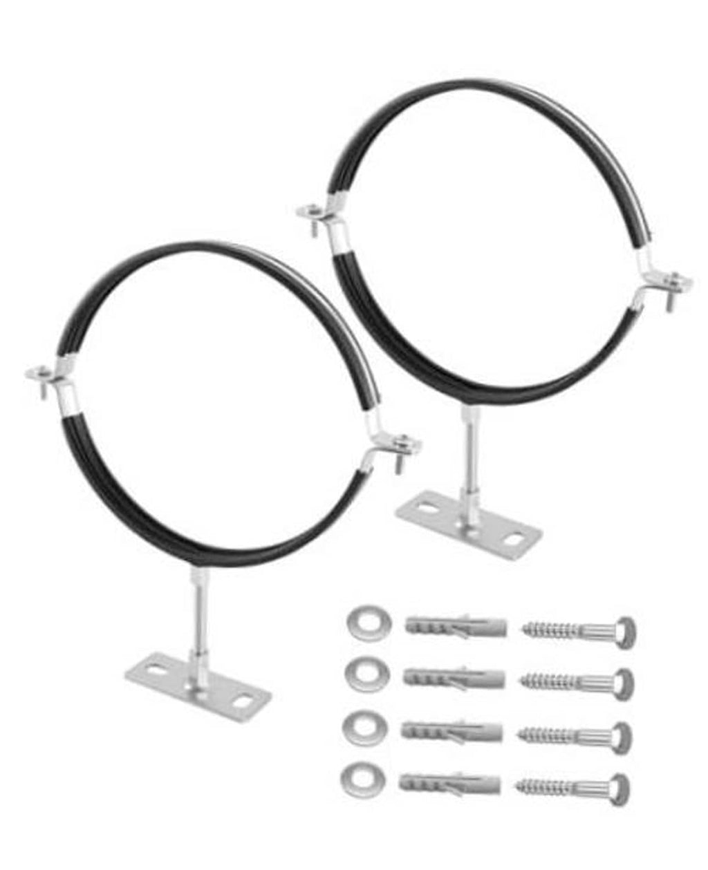 Set of 2 adjustable split-ring pipe hangers, black rings with metal mounting bases