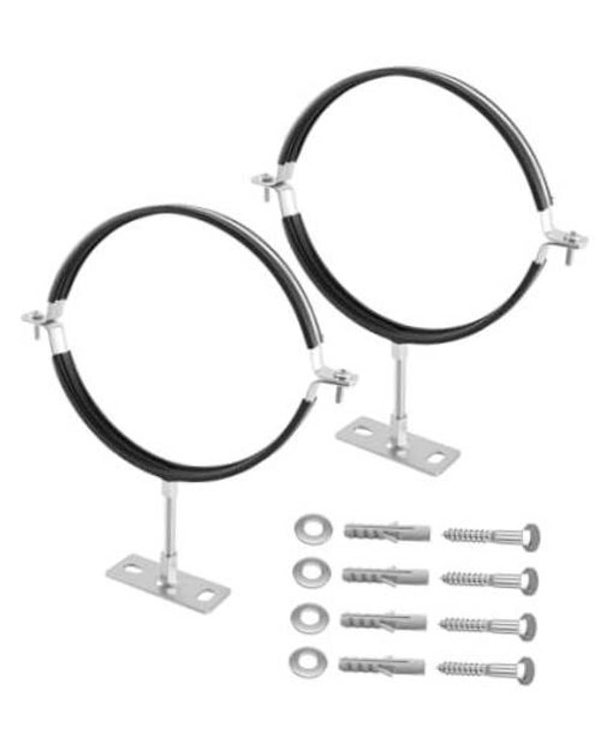 Set of 2 adjustable split-ring pipe hangers, black rings with metal mounting bases