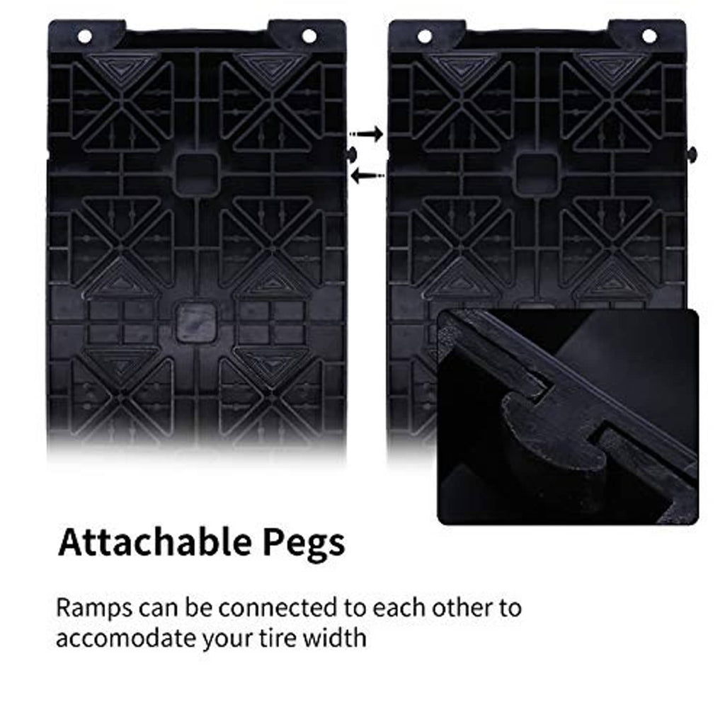 Car tire wheel ramp pads, black anti-slip rubber with attachable pegs on top