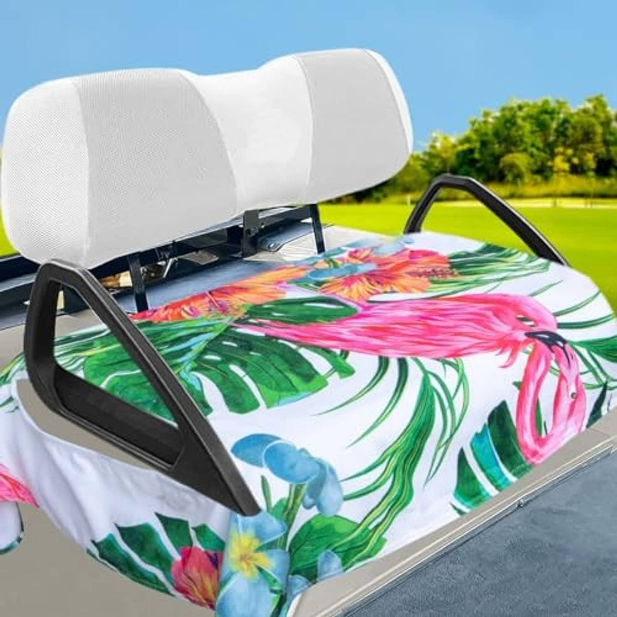 Flamingo and tropical leaf printed golf cart seat cover with white headrest