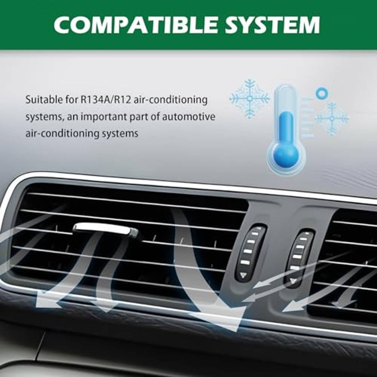 Car AC valve core kit compatibility shown on an automotive A/C air vent airflow illustration