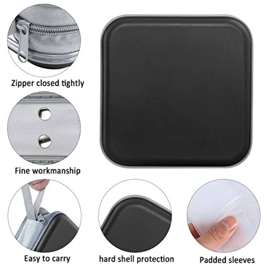 Black hard-shell CD/DVD case with close-up zipper track and metal rivet details