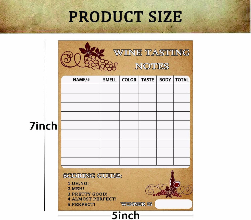 Wine tasting scorecard with sizing diagram: 5×7 inch notes card, grid and guide.