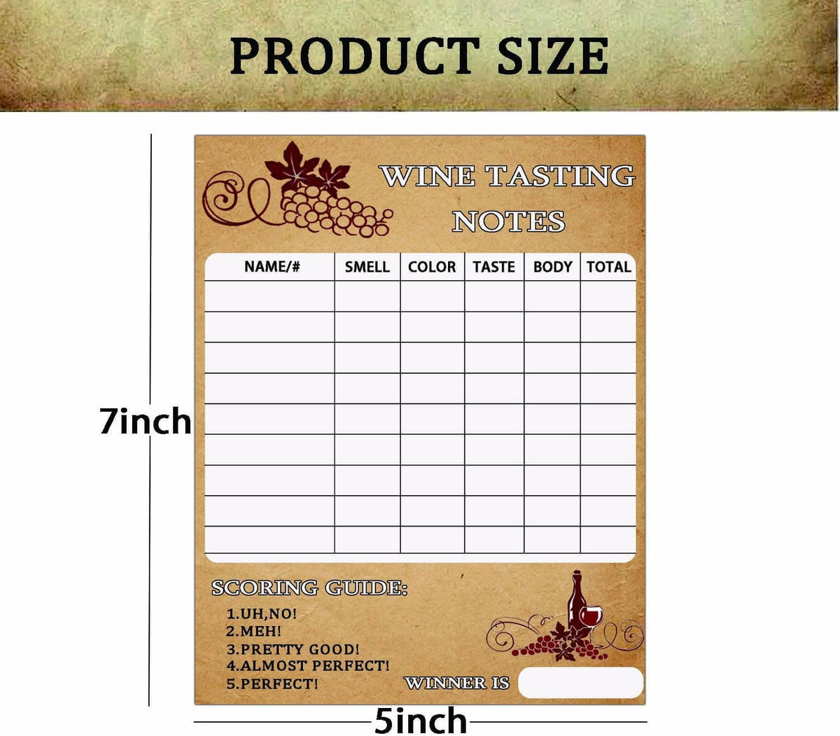 Wine tasting scorecard with sizing diagram: 5×7 inch notes card, grid and guide.