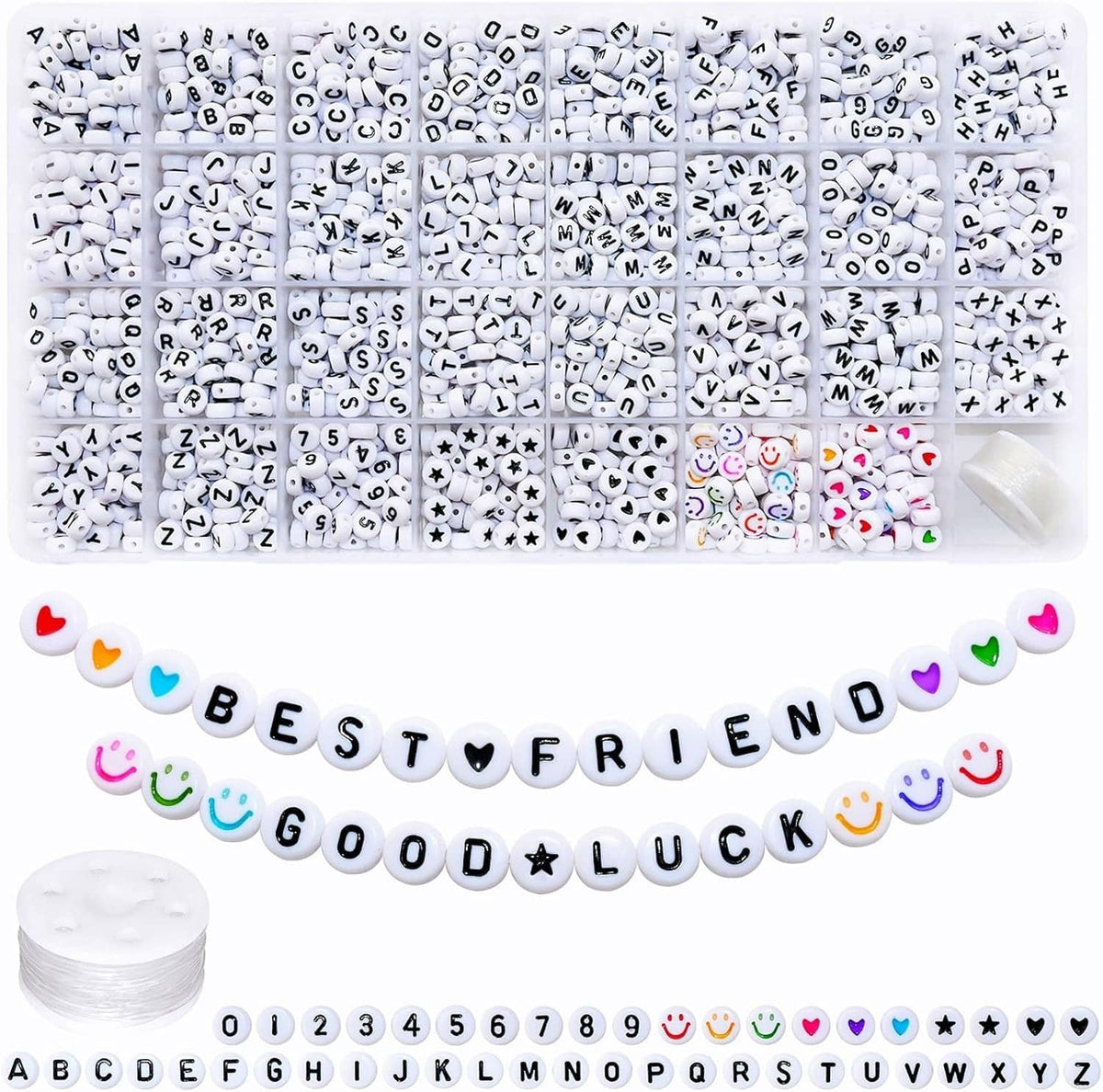 Acrylic letter beads arranged to spell “BEST FRIEND” and “GOOD LUCK” on string
