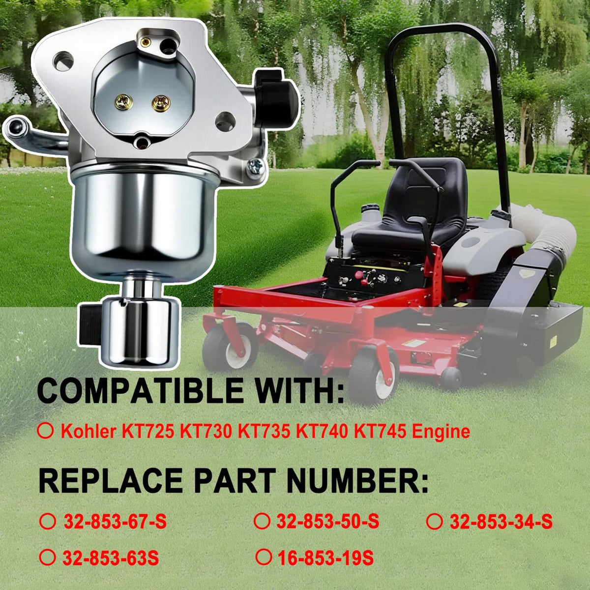 Metal carburetor assembly with air intake and fuel fittings, shown with lawn mower deck