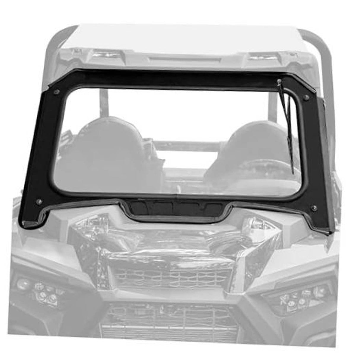 Front full vented glass windshield with dark frame and mounted wiper arm