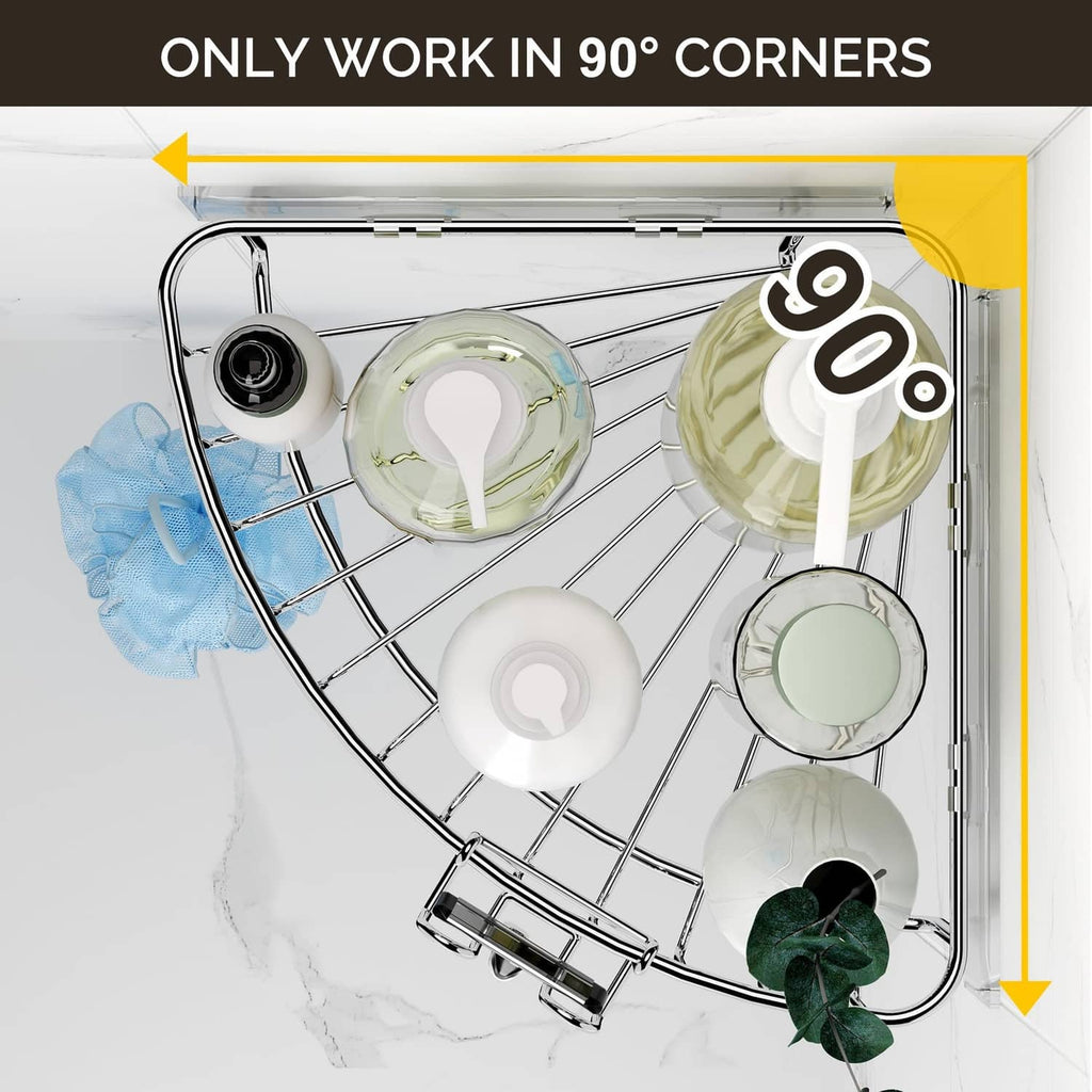 Orimade corner shower caddy with wire baskets and front hooks, chrome