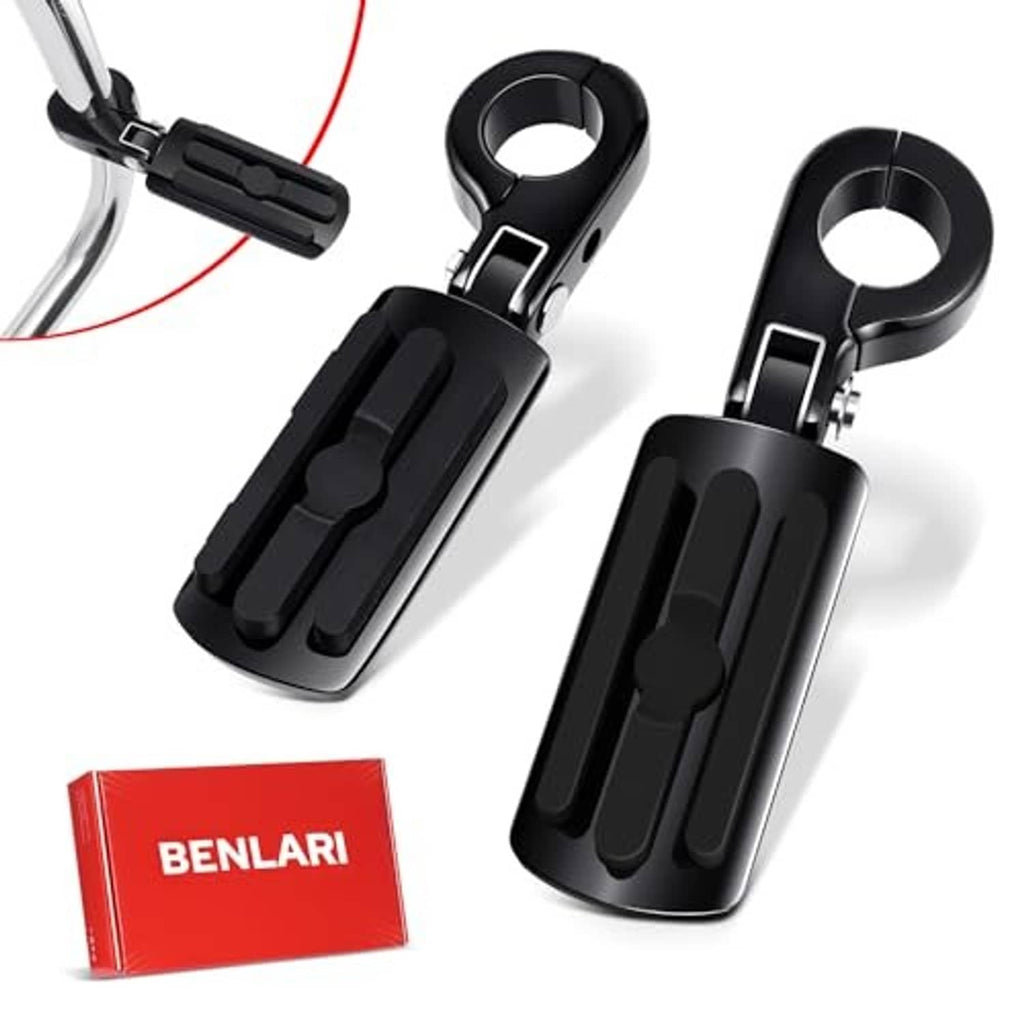 Pair of black P-clamp motorcycle foot pegs, ribbed rubber grip pads