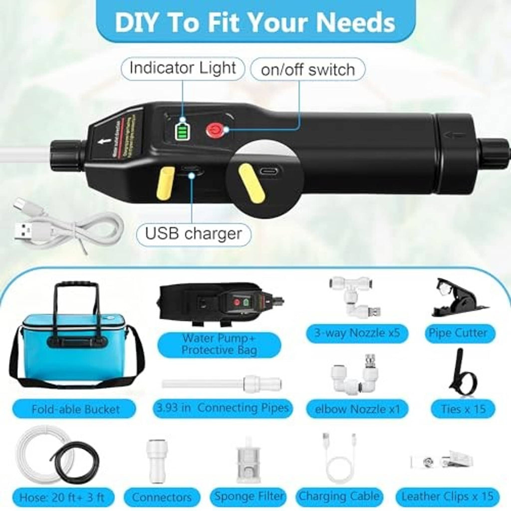 Misting system pump and included accessories on a diagram, with USB charging cable