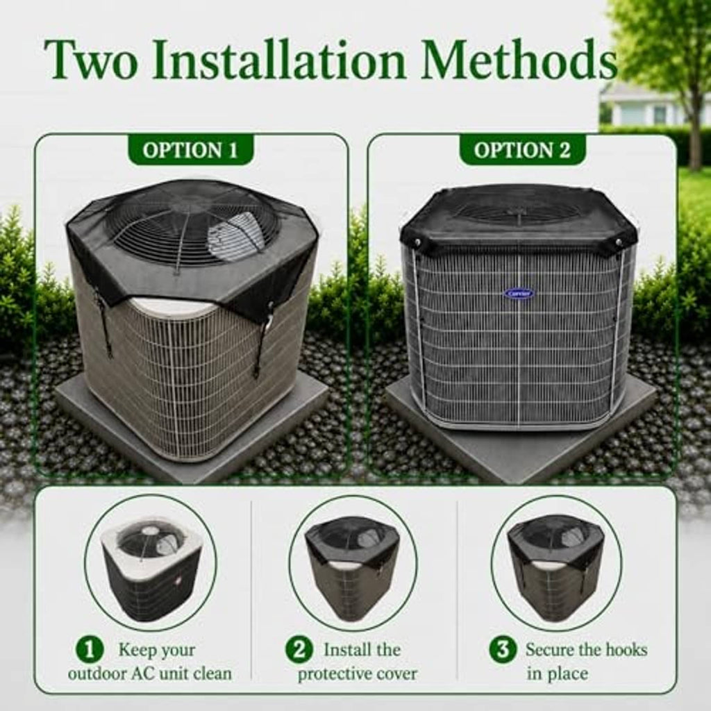Square mesh outdoor AC cover with tie hooks, shown in two fitting positions