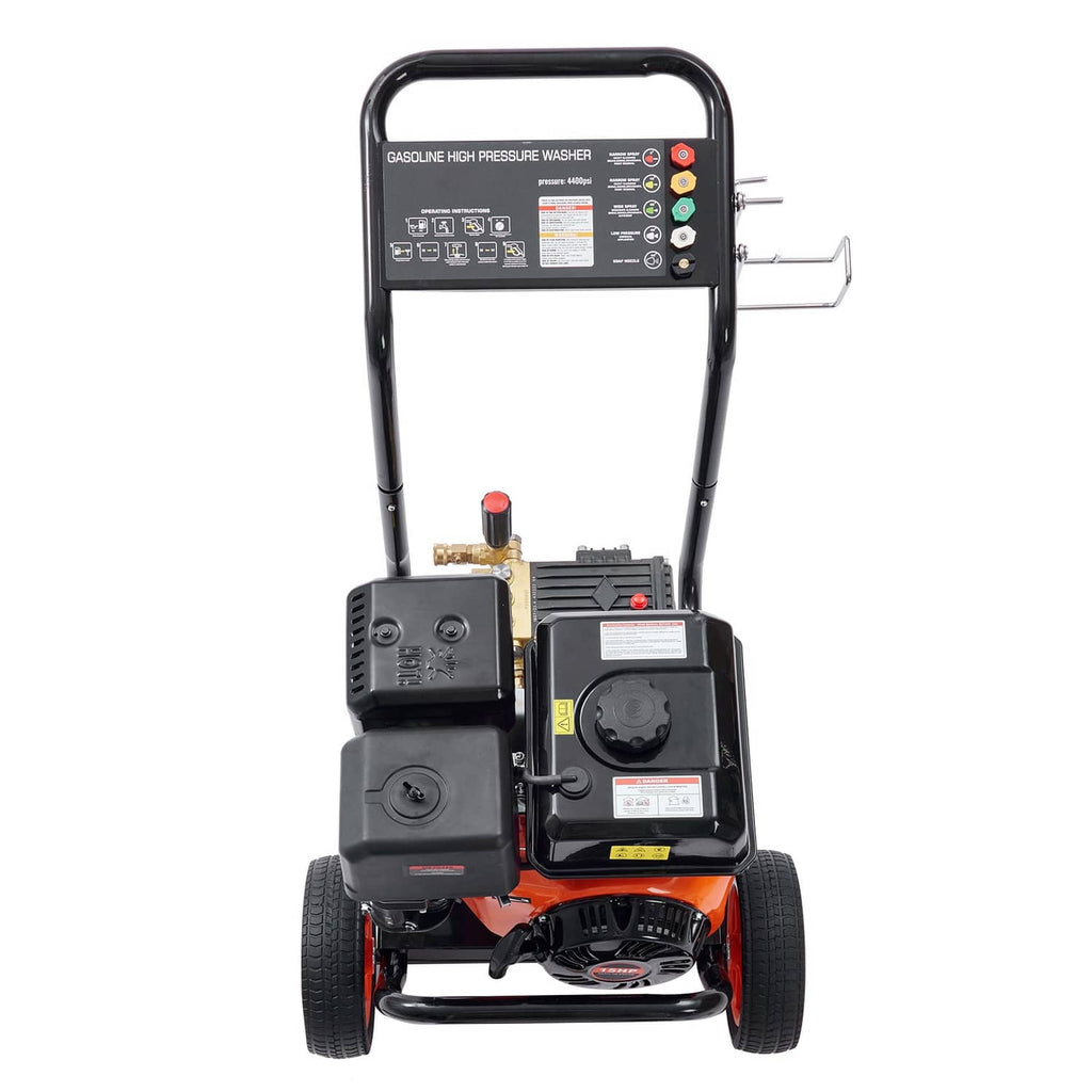 Front view gas pressure washer with black body, orange engine, and pull handle
