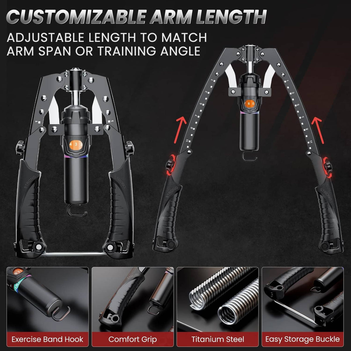 Adjustable arm-length hydraulic trainer with black padded legs and comfort grips