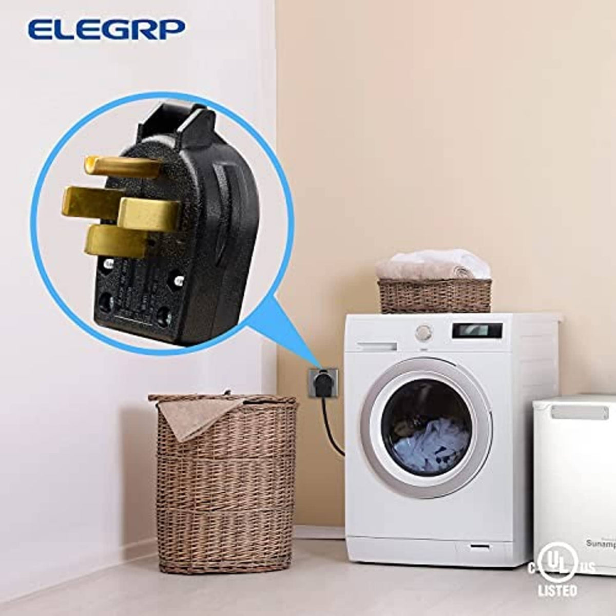 Installed NEMA 4-prong dryer/range plug with gold-toned prongs