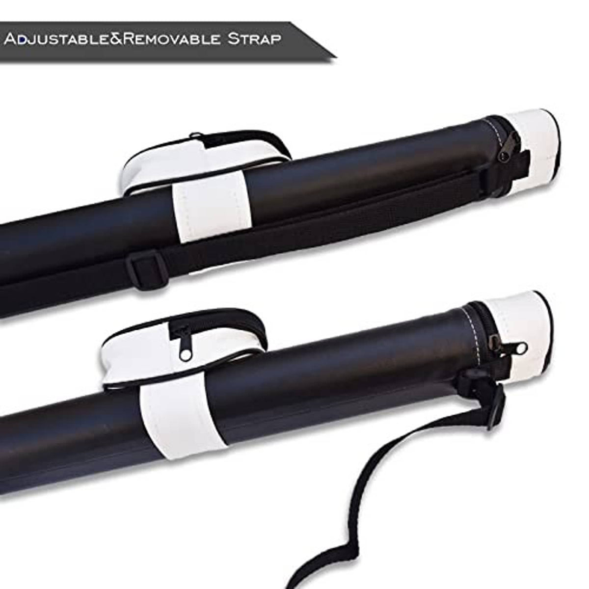 Pool cue carrying case with adjustable removable shoulder strap and white end bands