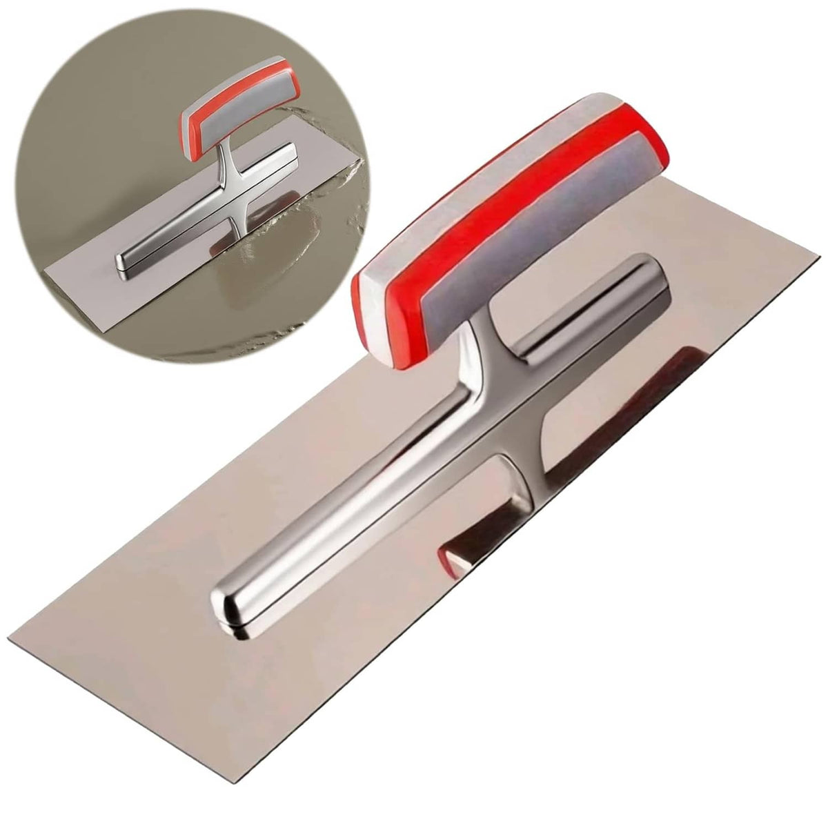 Stainless steel concrete finishing trowel with red-and-gray ergonomic handle.