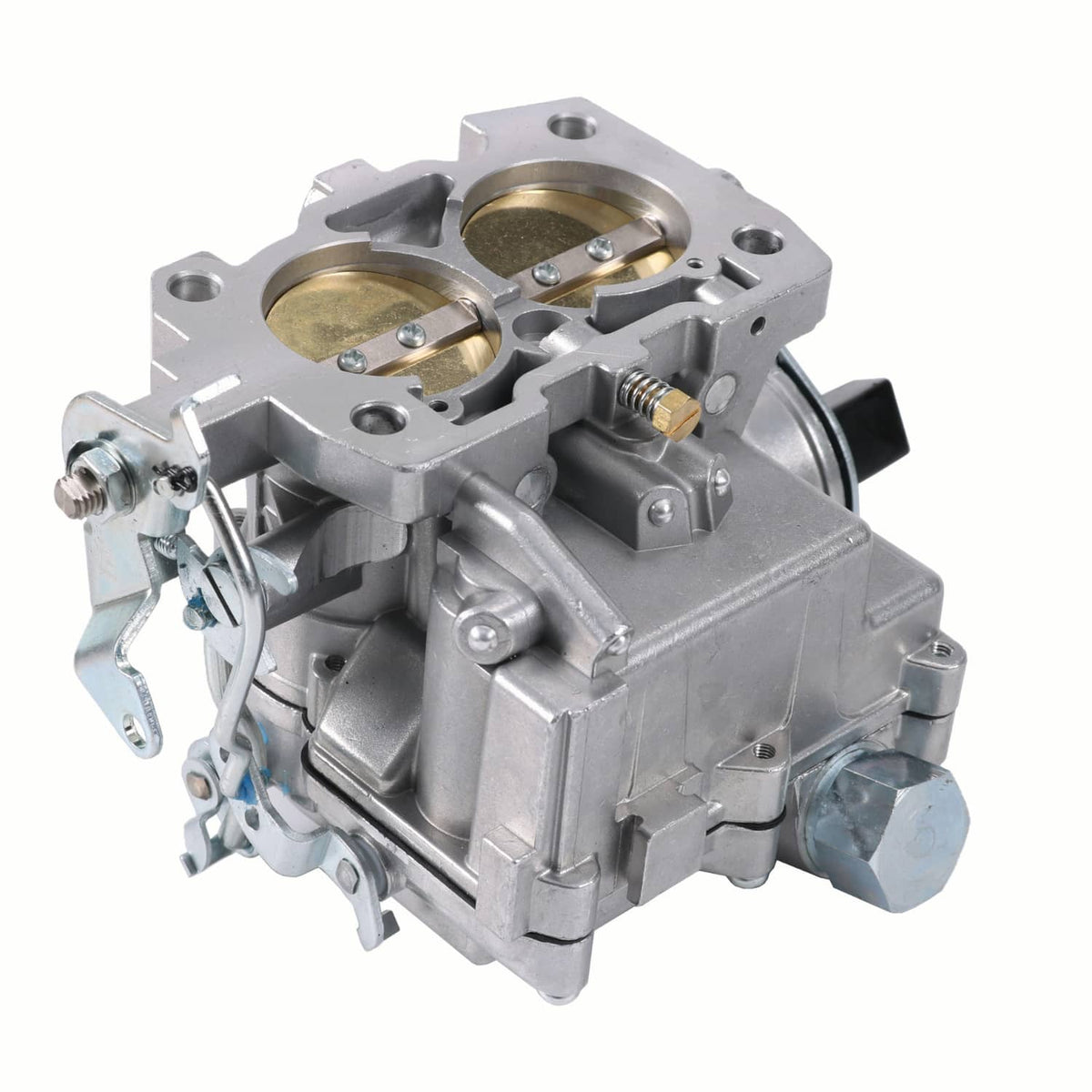 Marine carburetor with dual throttle bores and mounting flange, shown in angled view