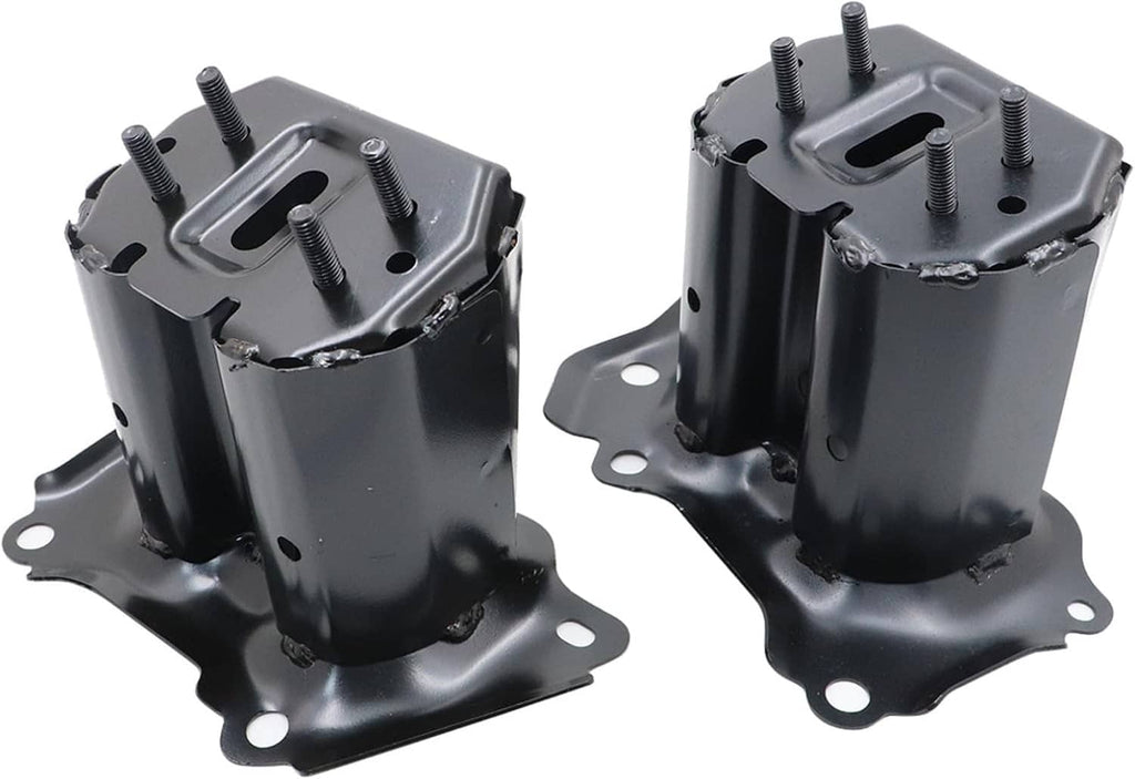 Front bumper reinforcement bracket pair, black metal with mounting holes and bolts