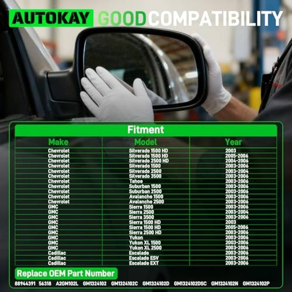 Replacement side mirror glass shown in vehicle, with compatibility fitment chart