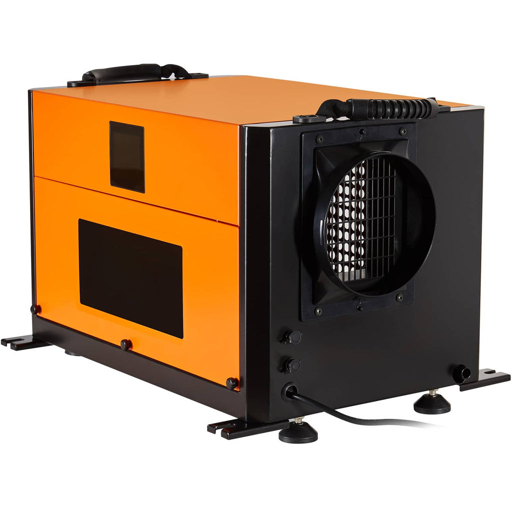 Commercial dehumidifier 2-piece front and side view with orange body and large fan housing.