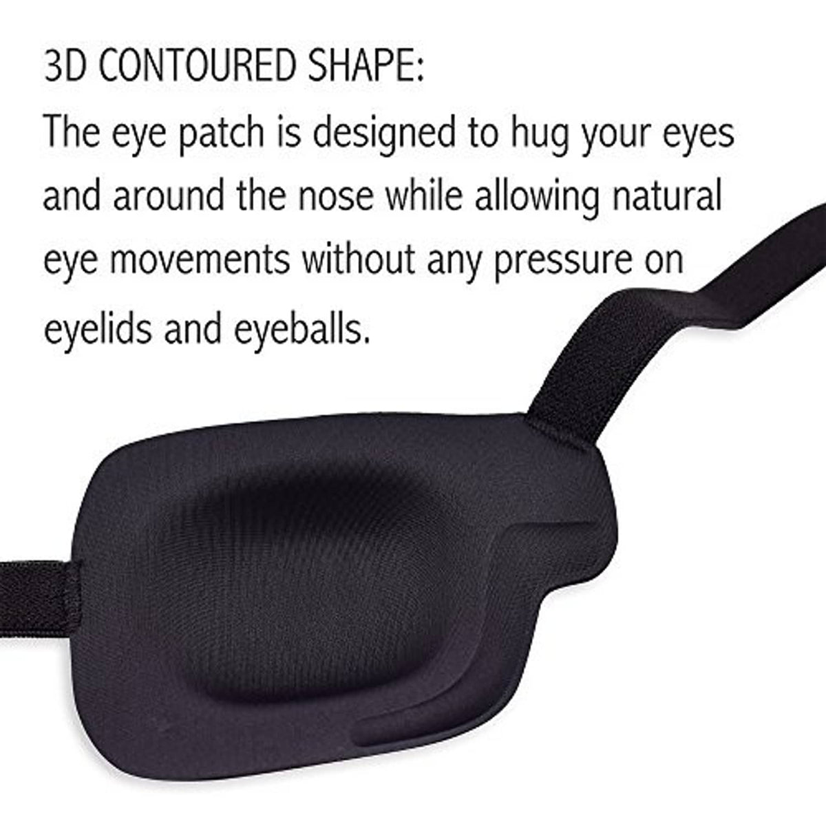 Black 3D contoured eye patch with strap, designed to hug around the nose