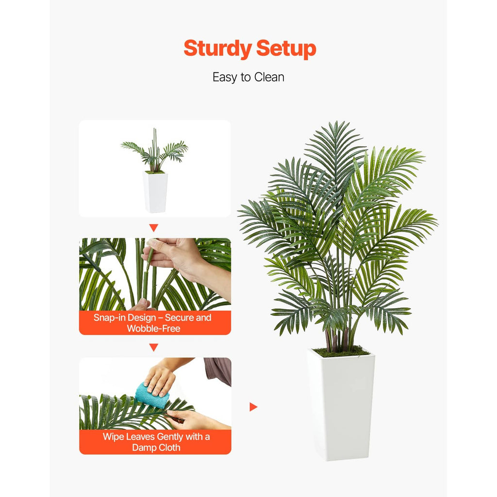 Artificial areca palm tree in a white square pot with green fronds