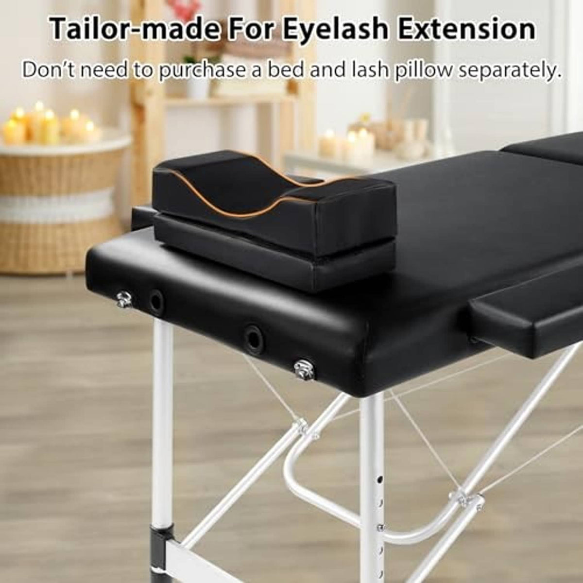 Black portable lash bed with padded headrest and face cradle for esthetician use