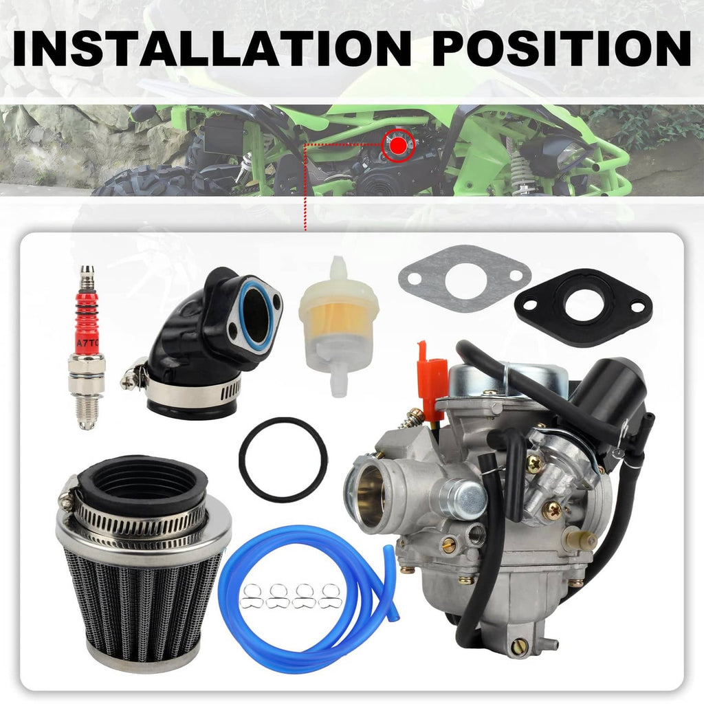Carburetor kit parts set with carburetor, air filter, manifold gasket, blue hoses