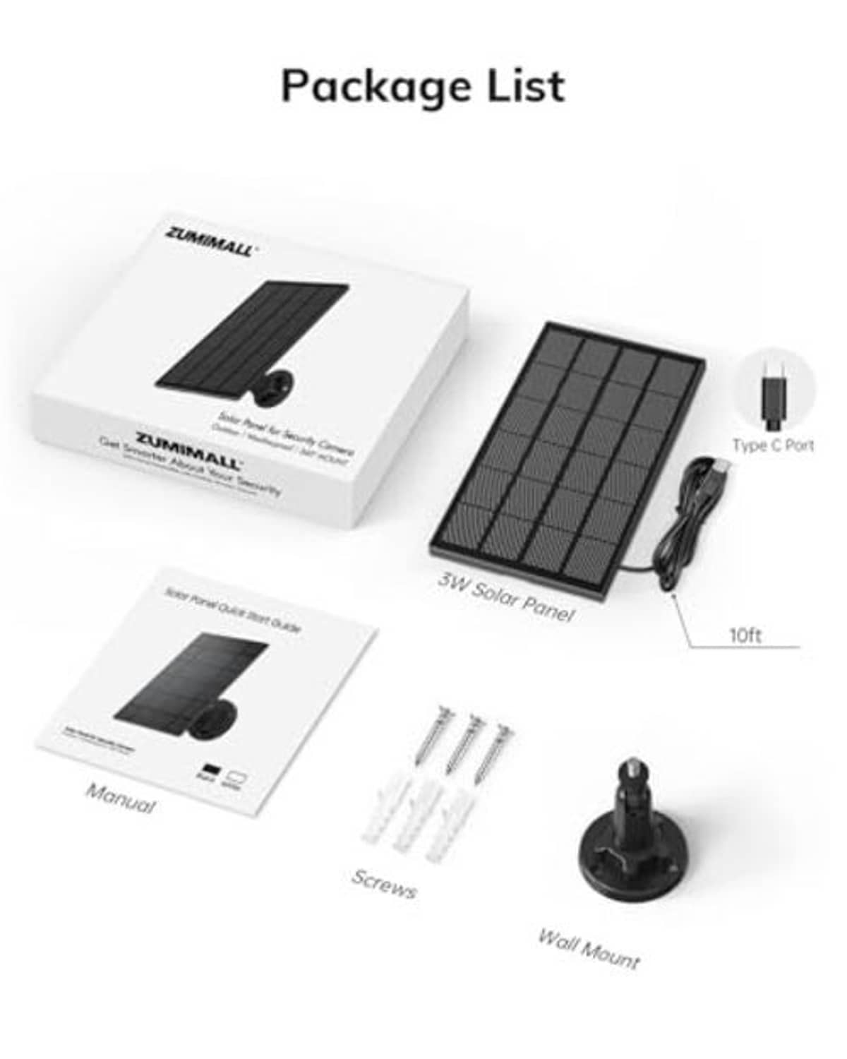 Solar panel package set with solar panel, Type-C cable, screws, and wall mount