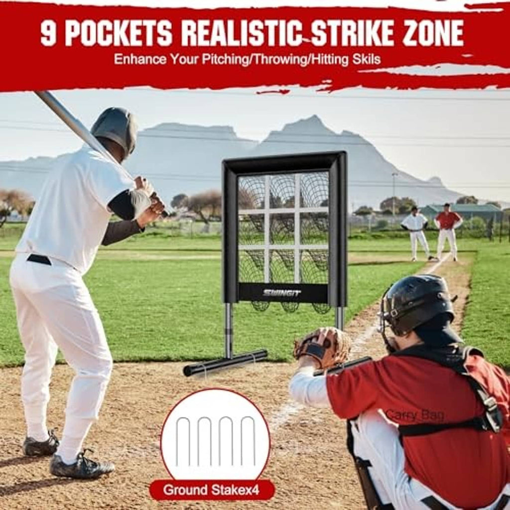 Black strike-zone pitching net with square target window and netted grid panel.