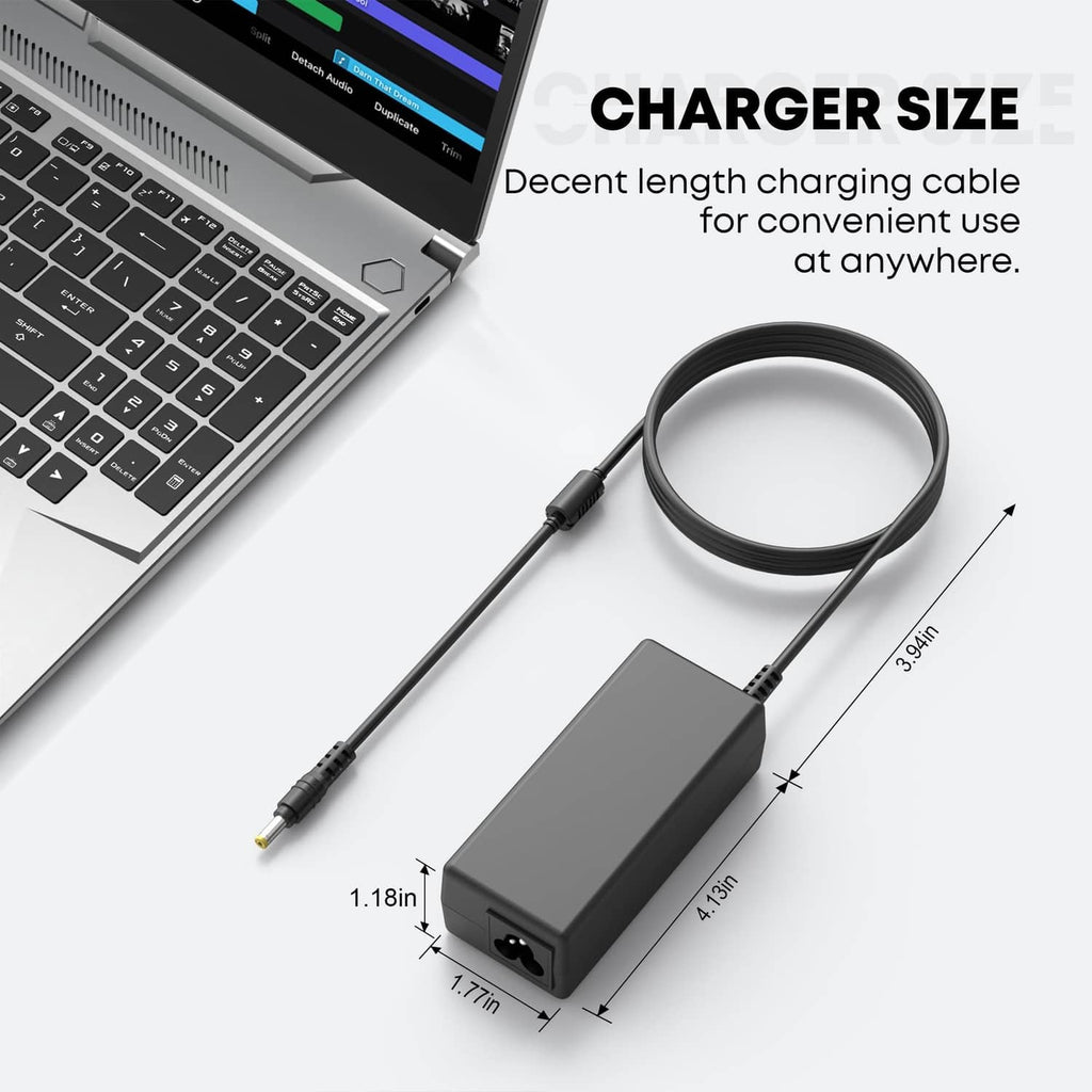Black laptop charger adapter and cable with DC barrel connector for laptop power.