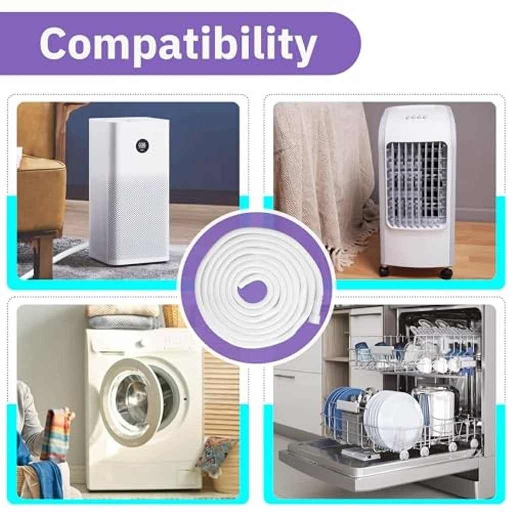 White coiled dehumidifier drain hose, illustrated for appliance compatibility use