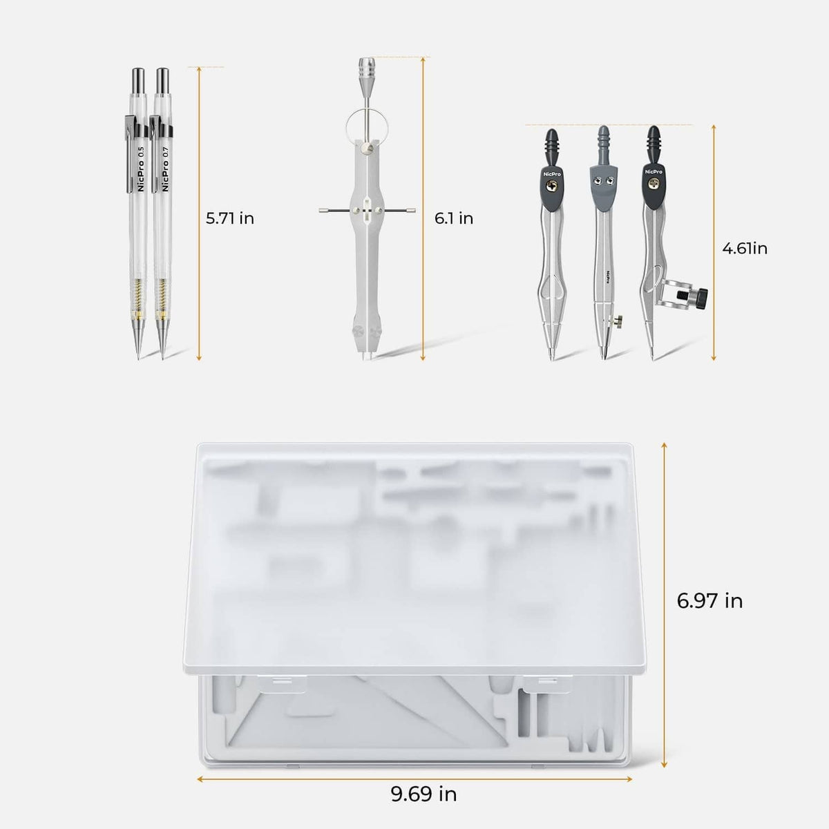 Geometry tools set with case and compass, dividers, protractor and pencils, size view