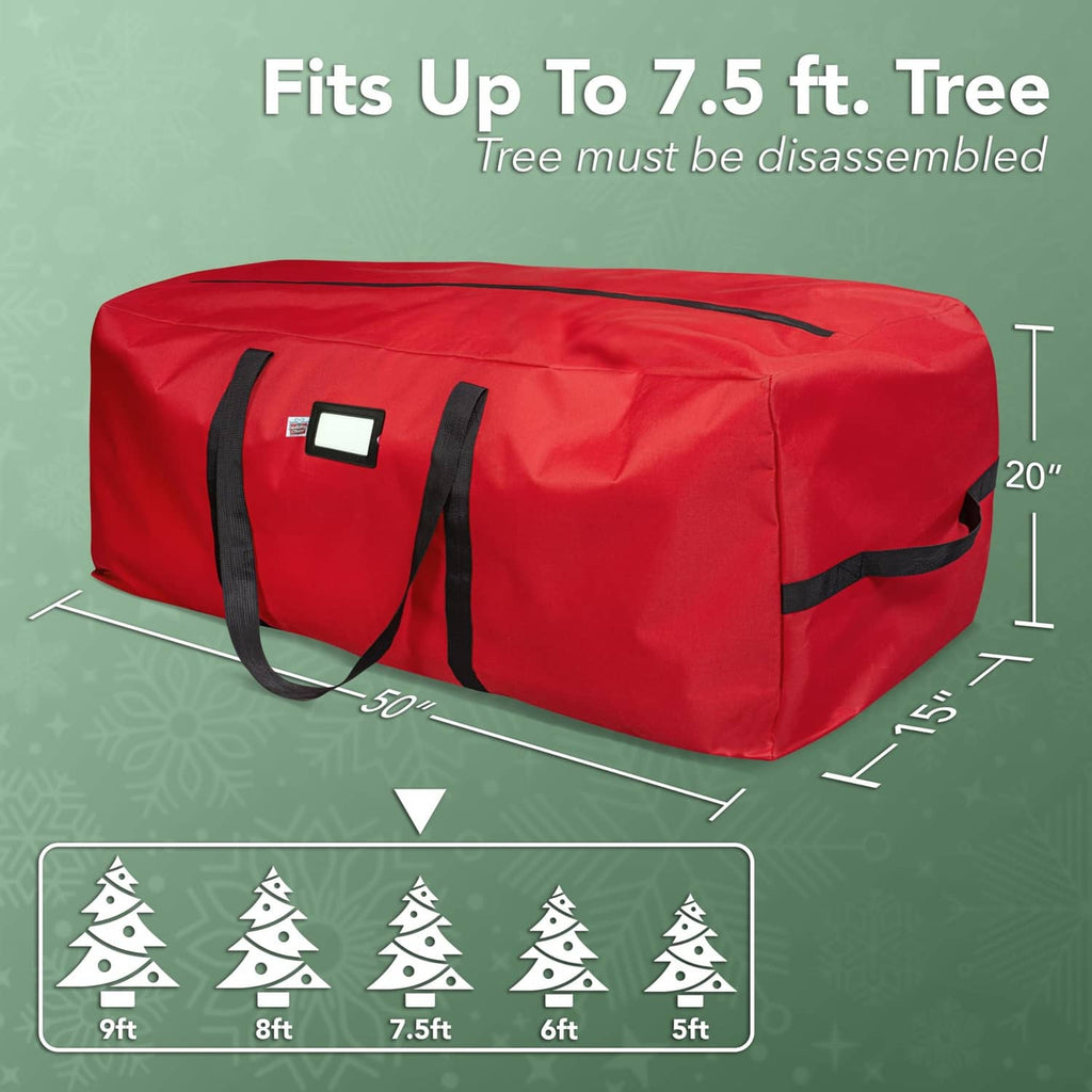 Red waterproof Christmas tree storage bag with black handles and dimensions for 7.5 ft