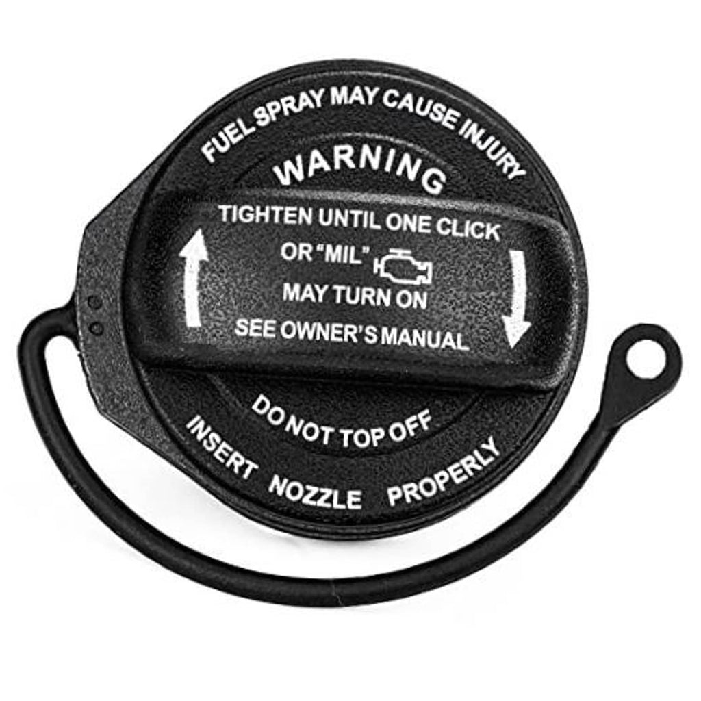 Fuel tank gas cap with warning text, black housing and loop handle
