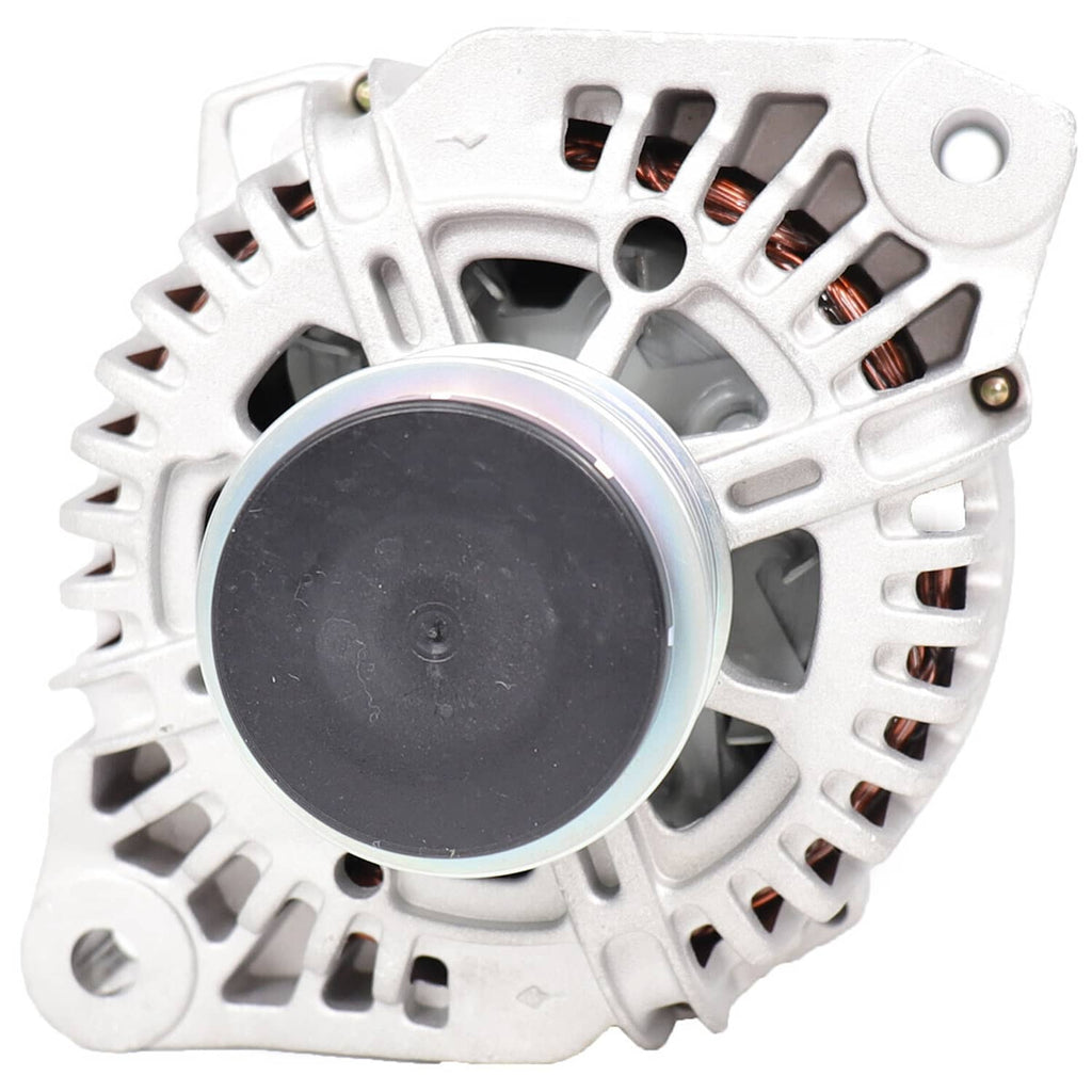 White alternator with black round face, copper windings visible through vented housing.