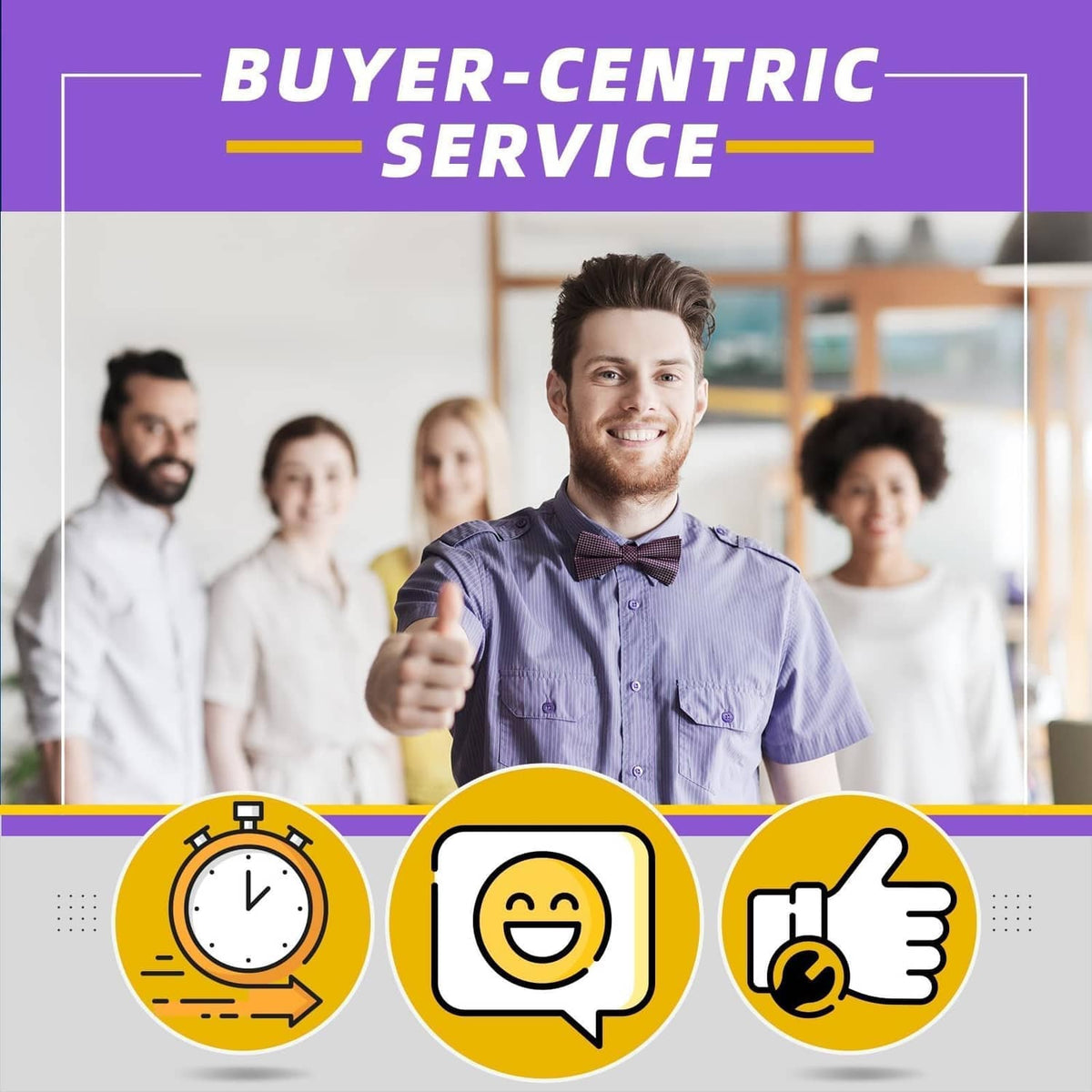 Buyer-centric service promotional graphic with smiling man and icons