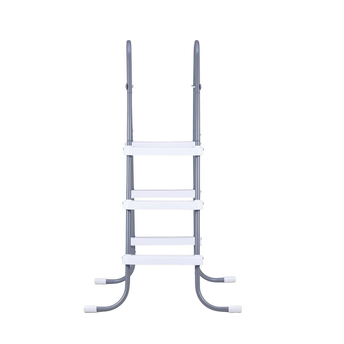 Gray 3-step A-frame pool ladder with white crossbar and curved base feet