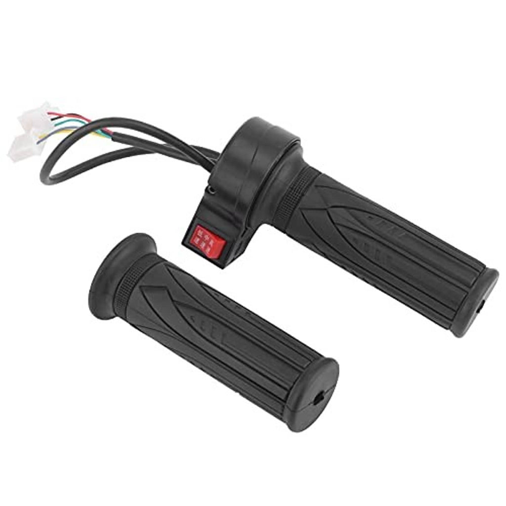 Black e-bike throttle grip set with textured ridges, end caps, and central control module