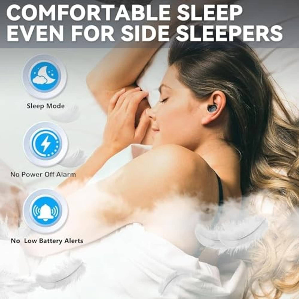 Mint green wireless sleep earbuds in ears of a side sleeper