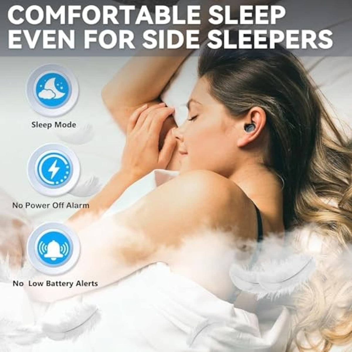 Mint green wireless sleep earbuds in ears of a side sleeper