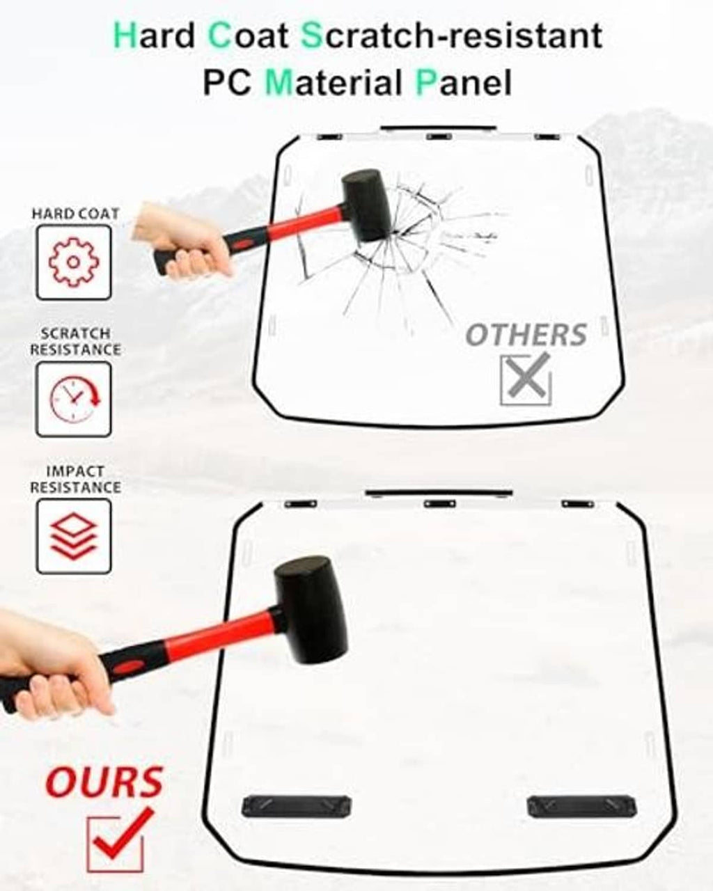 Scratch-resistant PC windshield panel with impact testing on clear surface