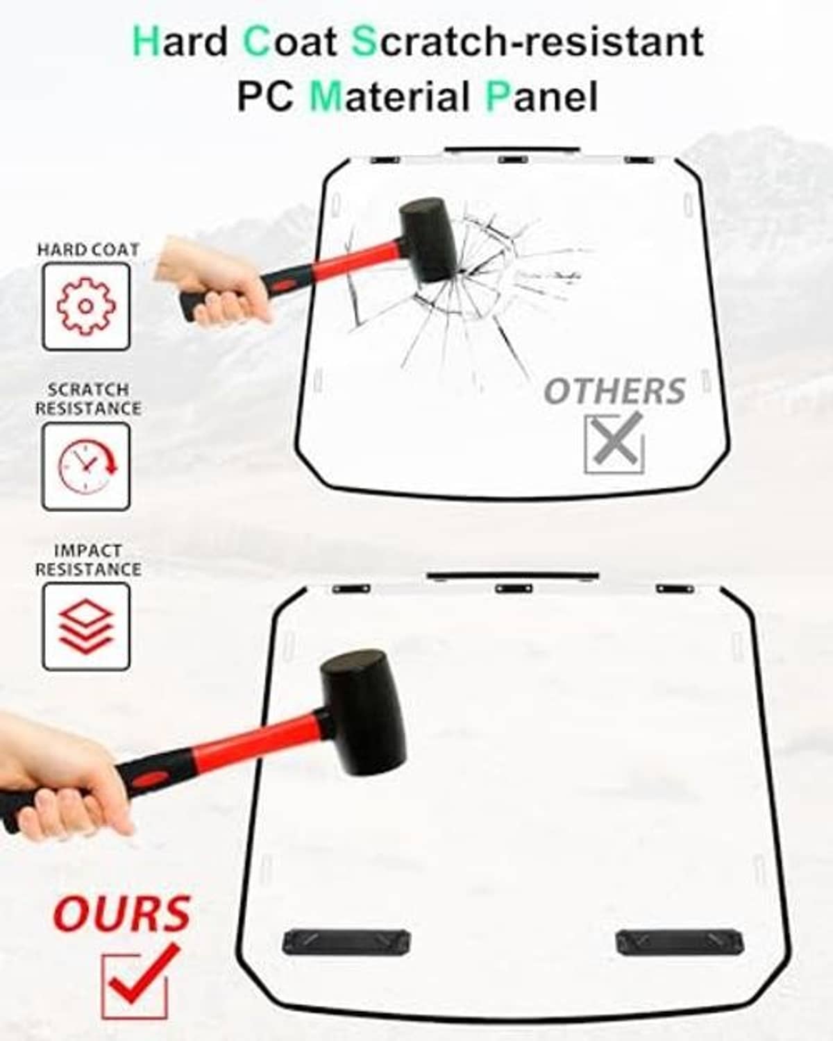 Scratch-resistant PC windshield panel with impact testing on clear surface