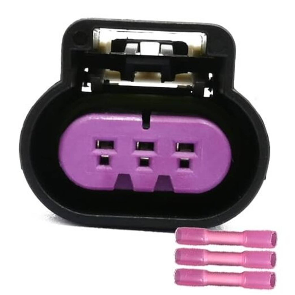 Purple 3-pin engine sensor connector with black housing and terminal pins