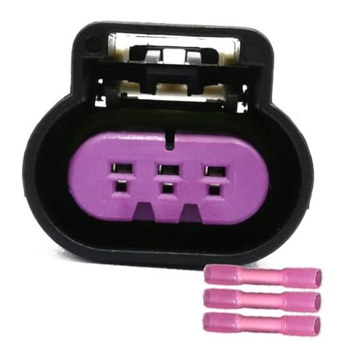Purple 3-pin engine sensor connector with black housing and terminal pins