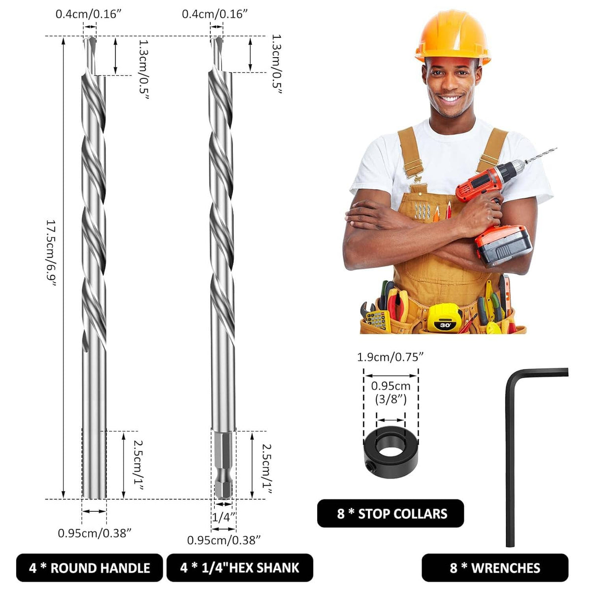 3/8-inch pocket hole drill bits with depth stop collar and hex wrench set